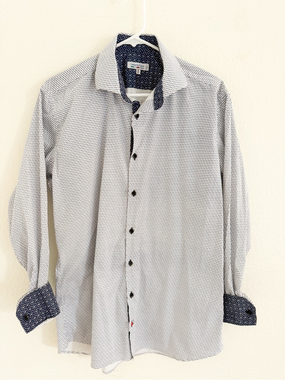Men's Patterned White & Navy Dress Shirt with Contrast Trim